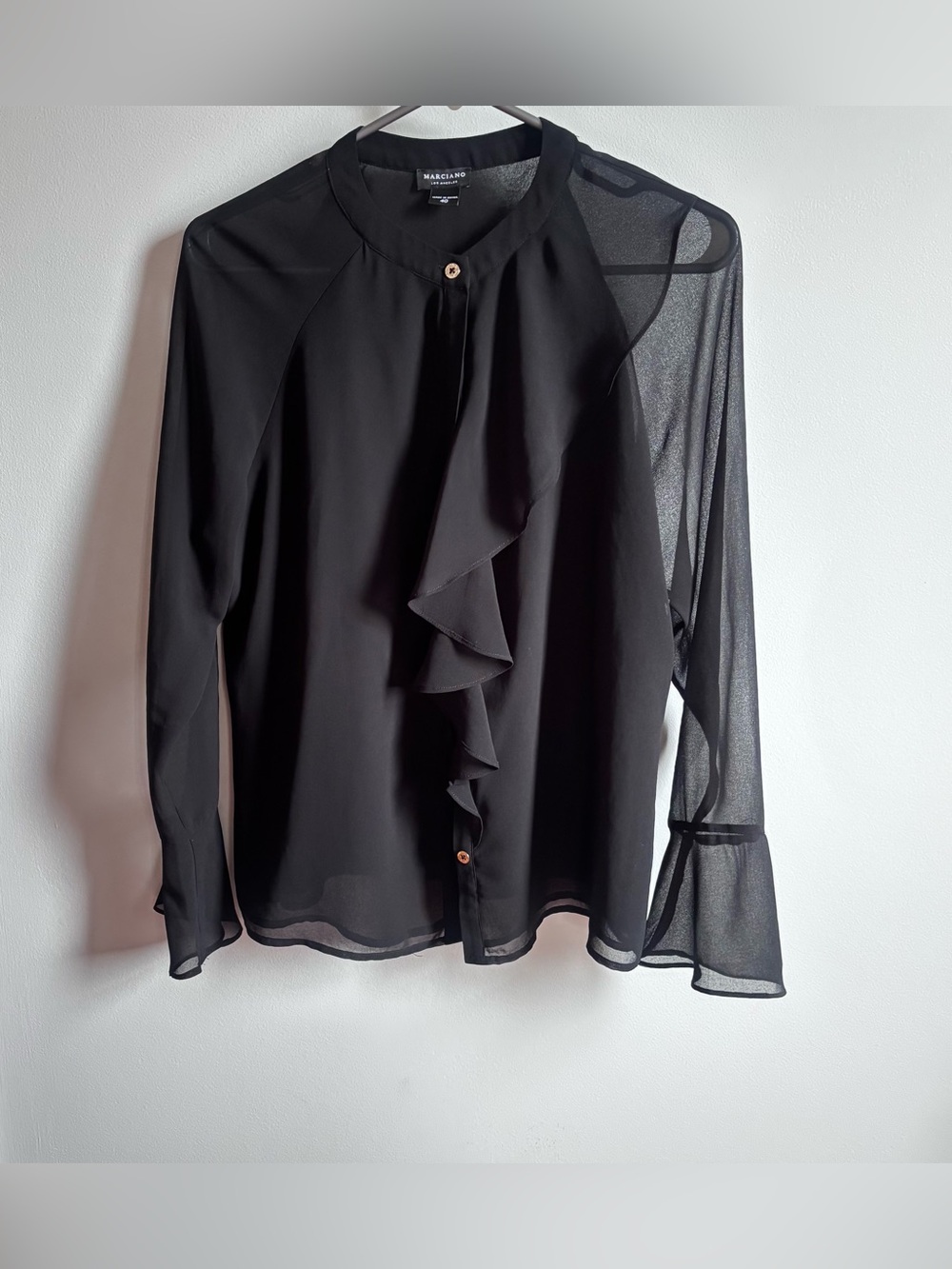 Marciano Black Sheer Ruffle-Front Blouse